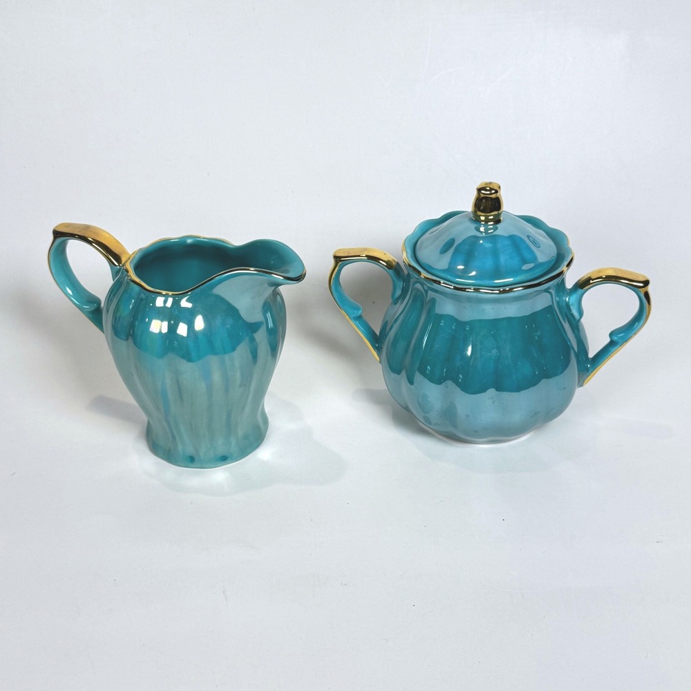Grace's Teaware Turquoise Iridescent Creamer and Lidded Sugar Bowl Set Gold Trim